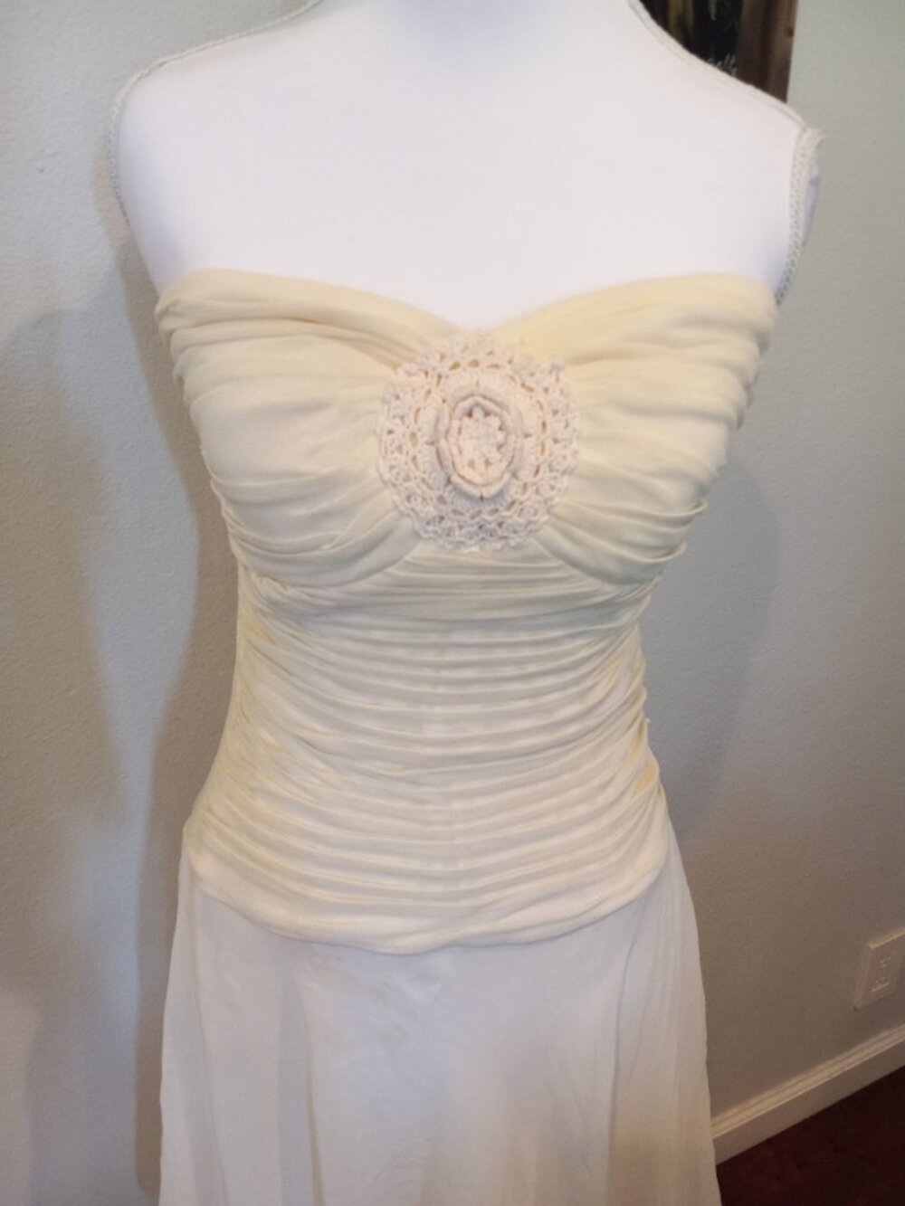 Boho Strapless Dress with Crotchet Rose Centerpiece by Sangria